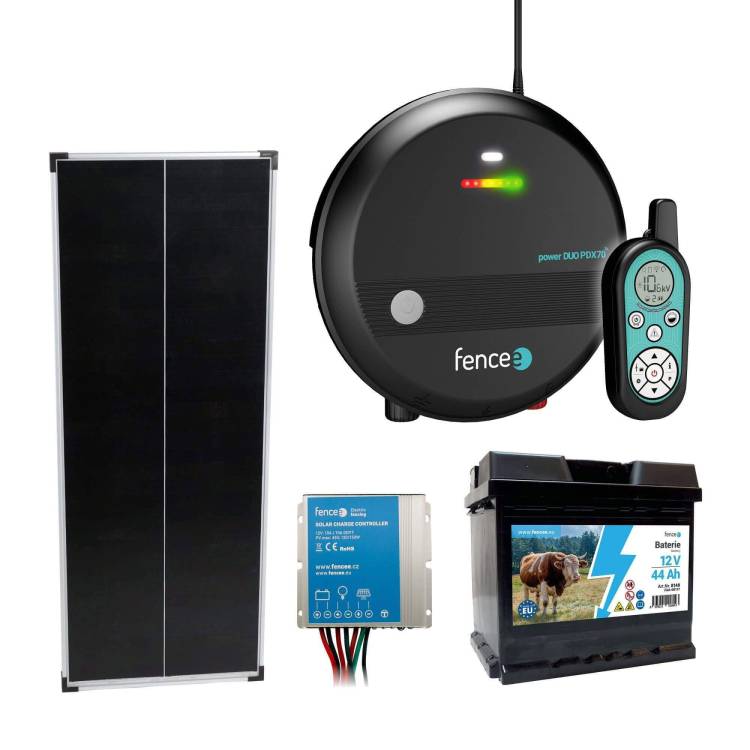 Obrázek k výrobku 120212 - Sada solární elektrický ohradník, 5J zdroj s dálkovým ovladačem, panel 100 W, regulátor a baterie 44 Ah