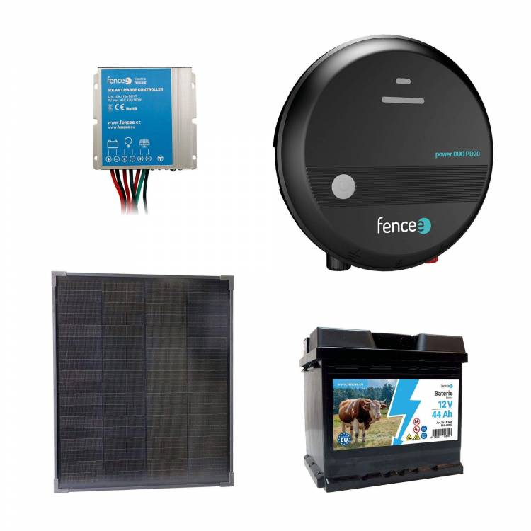 Obrázek k výrobku 120202 - Sada solární elektrický ohradník s 2J zdrojem fencee, solární panel 40 W, regulátor a baterie 44 Ah