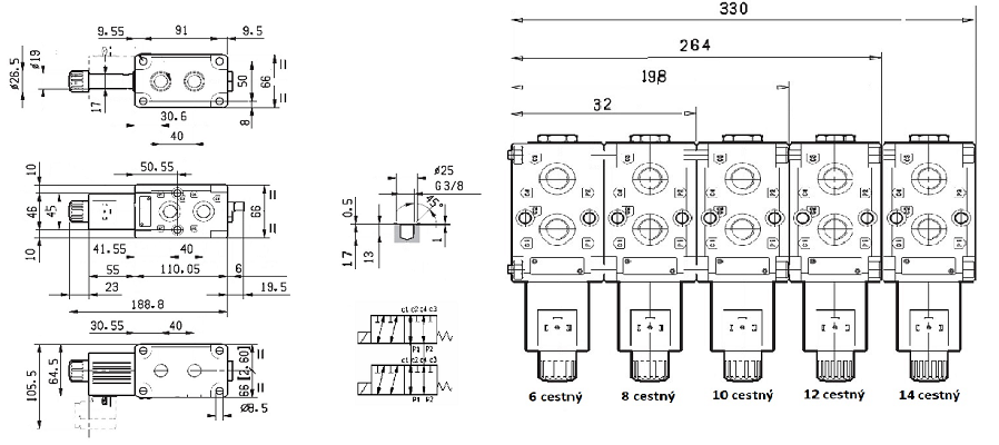 Specifikace - Průmyslový 10 cestný modulární ventil 50l, 12V, 3/8"