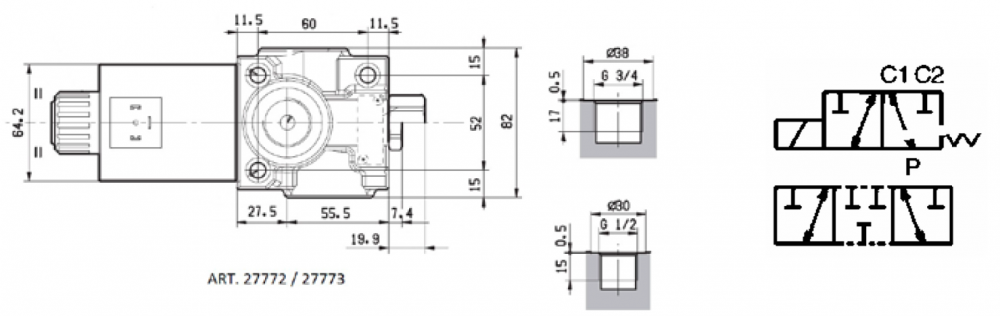 Specifikace - Průmyslový 3 cestný ventil 120l,12V-1/2"