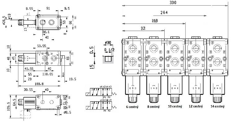 Specifikace - Průmyslový 8 cestný modulární ventil 90l, 12V, 1/2"