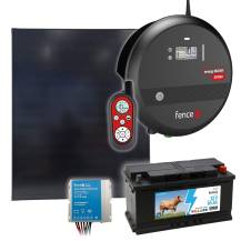 Obrázek k výrobku 120214 - Sada solární elektrický ohradník, 8J zdroj s dálkovým ovladačem, panel 200 W, regulátor a baterie 95 Ah